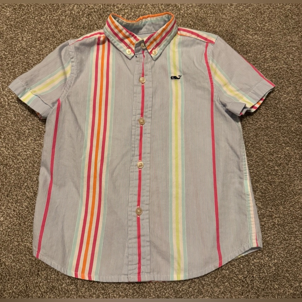 Vineyard Vines Whale short sleeve button up shirt 3T Vertical Stripes Blue Pink